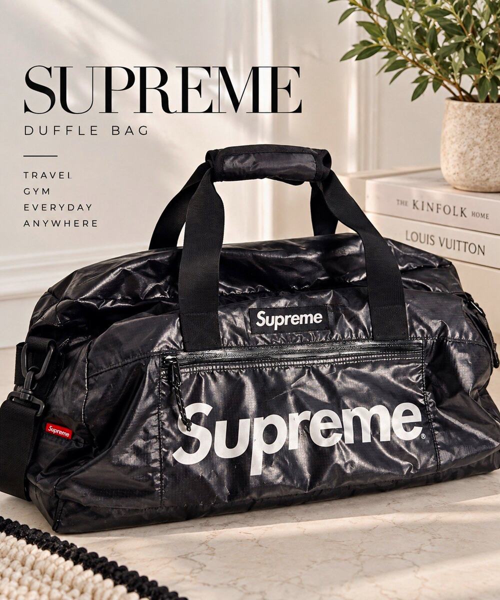 Supreme Large Black Nylon Logo Duffle Bag Zip Closure Adjustable Shoulder Strap